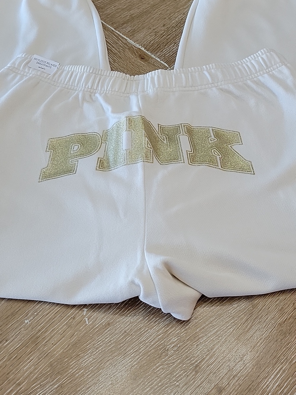 RARE PINK Victoria's Secret Beige Jogger Sweatpants Gold Sparkle Logo XL NWT - Picture 4 of 11